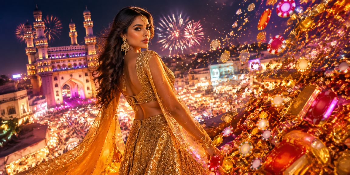 Hyderabad Charminar illuminated evening with traditional lehenga in vibrant colors