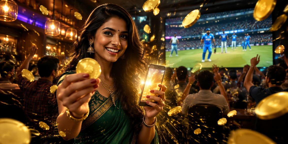Indian woman in saree watching cricket betting markets on mobile phone in vibrant setting