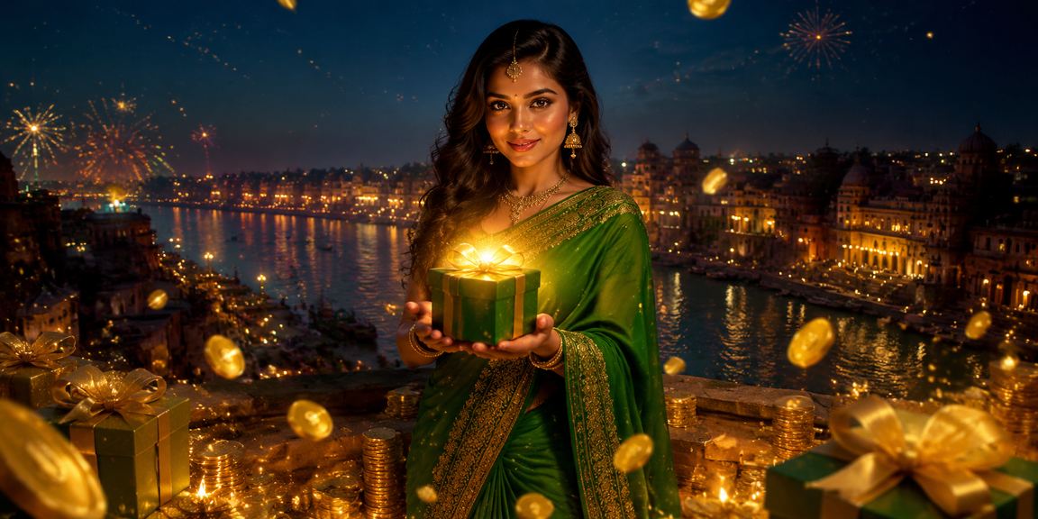 Indian woman in saree enjoying casino entertainment on mobile device with joy