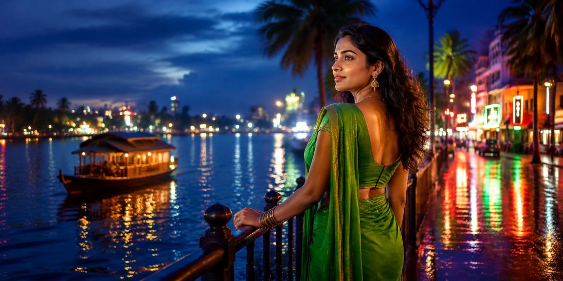 Woman in saree enjoying mobile casino gaming in serene Kerala backwaters